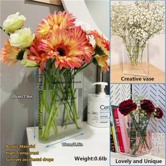 Clear Acrylic Book Vase Bookshelf Flower Holder Modern Home Office Decor - Picture 4 of 7